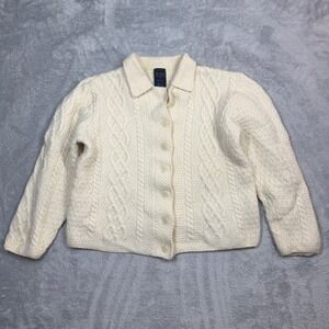 Vintage Paul James Cardigan Sweater Womens M Cream Cable Knit Wool England 90s